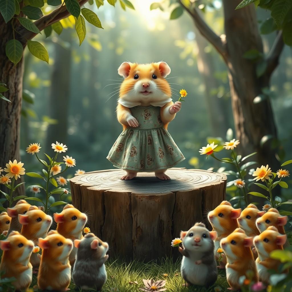 A whimsical scene featuring a hamster dressed in a dress patterned with images of other hamsters, standing on a stage in a forest