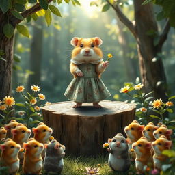 A whimsical scene featuring a hamster dressed in a dress patterned with images of other hamsters, standing on a stage in a forest