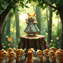 A whimsical scene featuring a hamster dressed in a dress patterned with images of other hamsters, standing on a stage in a forest