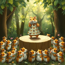 A whimsical scene featuring a hamster dressed in a dress patterned with images of other hamsters, standing on a stage in a forest