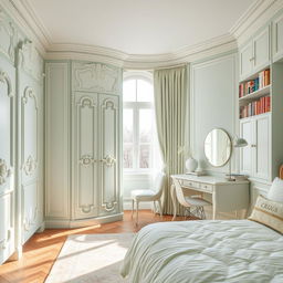 A beautifully designed bedroom for two featuring a soft light green color palette