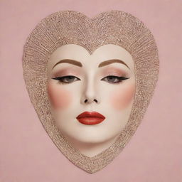 A Korean sheet face mask embellished with an Art Deco depiction of 20-30s makeup style, evoking the style of Greta Garbo. Features very thin high eyebrows, sultry eyes, blush, a simulated grain de beauté, and heart-shaped lips garbed in lipstick.