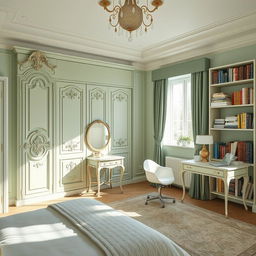 A beautifully designed bedroom for two featuring a soft light green color palette