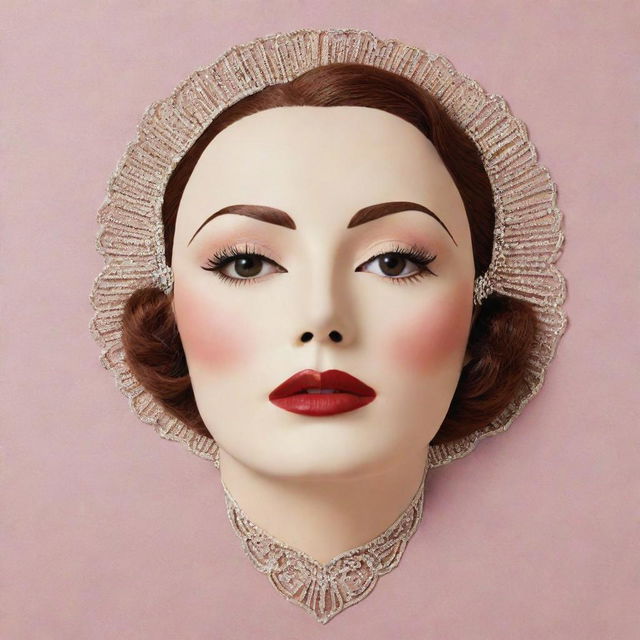 A Korean sheet face mask embellished with an Art Deco depiction of 20-30s makeup style, evoking the style of Greta Garbo. Features very thin high eyebrows, sultry eyes, blush, a simulated grain de beauté, and heart-shaped lips garbed in lipstick.