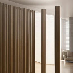 A detailed 3D view of a partition, neatly assembled and incorporated into a modern and minimalistic interior design, with natural lighting enhancing the textures and depth of the division