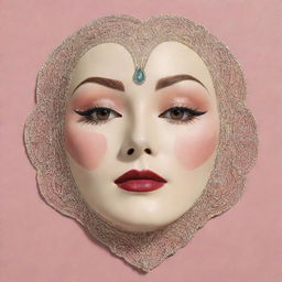 A Korean sheet face mask embellished with an Art Deco depiction of 20-30s makeup style, evoking the style of Greta Garbo. Features very thin high eyebrows, sultry eyes, blush, a simulated grain de beauté, and heart-shaped lips garbed in lipstick.