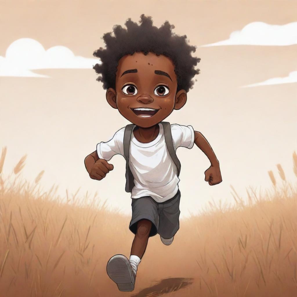 Craft a 2D cartoon-style, vibrant sketch of a fright-filled small African boy, with skin color split - half black, half white. He's running across a field in pristine white clothes. The style is non-realistic and richly colored.