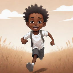 Craft a 2D cartoon-style, vibrant sketch of a fright-filled small African boy, with skin color split - half black, half white. He's running across a field in pristine white clothes. The style is non-realistic and richly colored.