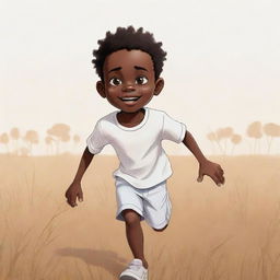 Craft a 2D cartoon-style, vibrant sketch of a fright-filled small African boy, with skin color split - half black, half white. He's running across a field in pristine white clothes. The style is non-realistic and richly colored.