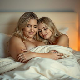 A chubby blonde woman and a slender, sexy 20-year-old blonde woman snuggling together in a cozy, warmly-lit bedroom setting