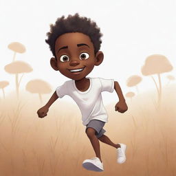 Craft a 2D cartoon-style, vibrant sketch of a fright-filled small African boy, with skin color split - half black, half white. He's running across a field in pristine white clothes. The style is non-realistic and richly colored.