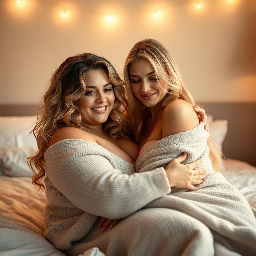 A curvy blonde woman and a slender, sexy 20-year-old blonde woman snuggling together in a cozy, warmly-lit bedroom setting