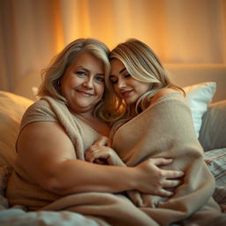 A curvy 40-year-old blonde woman and a slender, sexy 20-year-old blonde woman snuggling together in a cozy, warmly-lit bedroom setting