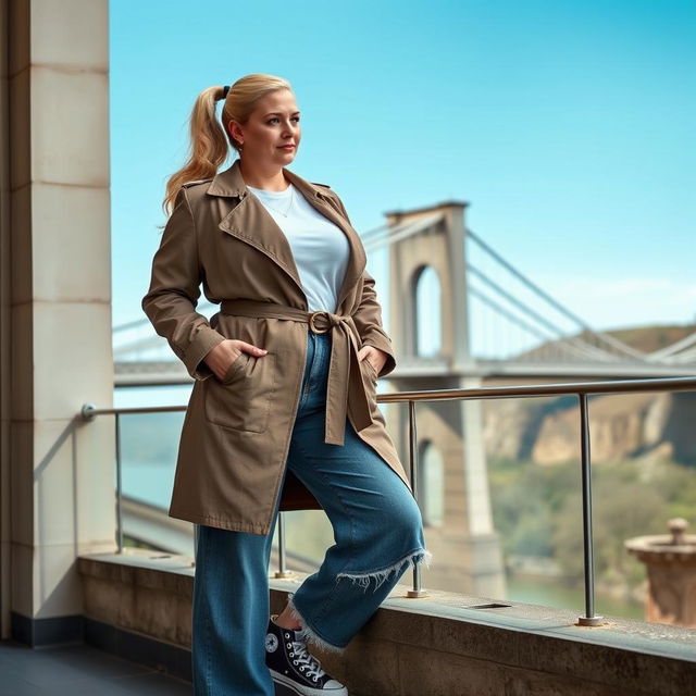 A curvy blonde 40-year-old woman with her hair pulled back in a ponytail, standing confidently on a balcony overlooking the iconic Clifton Suspension Bridge