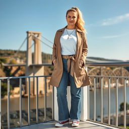 A curvy blonde 40-year-old woman with her hair pulled back in a ponytail, standing confidently on a balcony overlooking the iconic Clifton Suspension Bridge