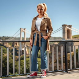 A curvy blonde 40-year-old woman with her hair pulled back in a ponytail, standing confidently on a balcony overlooking the iconic Clifton Suspension Bridge