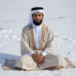 A 30-year-old man wearing Arabic clothing, including a white abaya and a beige dashdasha, sits cross-legged on a snow-covered ground. He is viewed from the right side.