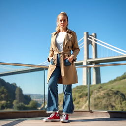 A curvy blonde 40-year-old woman with her hair pulled back in a ponytail, standing confidently on a balcony overlooking the iconic Clifton Suspension Bridge