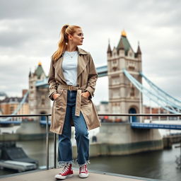 A curvy blonde 40-year-old woman with her hair in a ponytail, standing on a balcony overlooking the iconic Tower Bridge