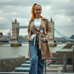 A curvy blonde 40-year-old woman with her hair in a ponytail, standing on a balcony overlooking the iconic Tower Bridge