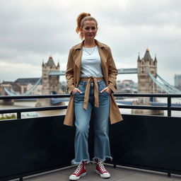 A curvy blonde 40-year-old woman with her hair in a ponytail, standing on a balcony overlooking the iconic Tower Bridge