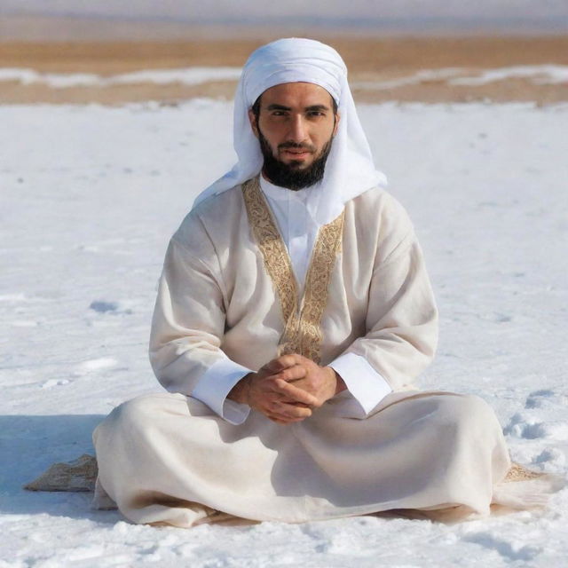 A 30-year-old man wearing Arabic clothing, including a white abaya and a beige dashdasha, sits cross-legged on a snow-covered ground. He is viewed from the right side.