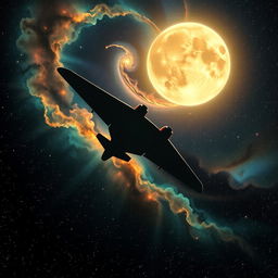 A jet plane flying through the galaxy, illuminated by both the sun and the moon