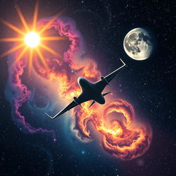 A jet plane flying through the galaxy, illuminated by both the sun and the moon