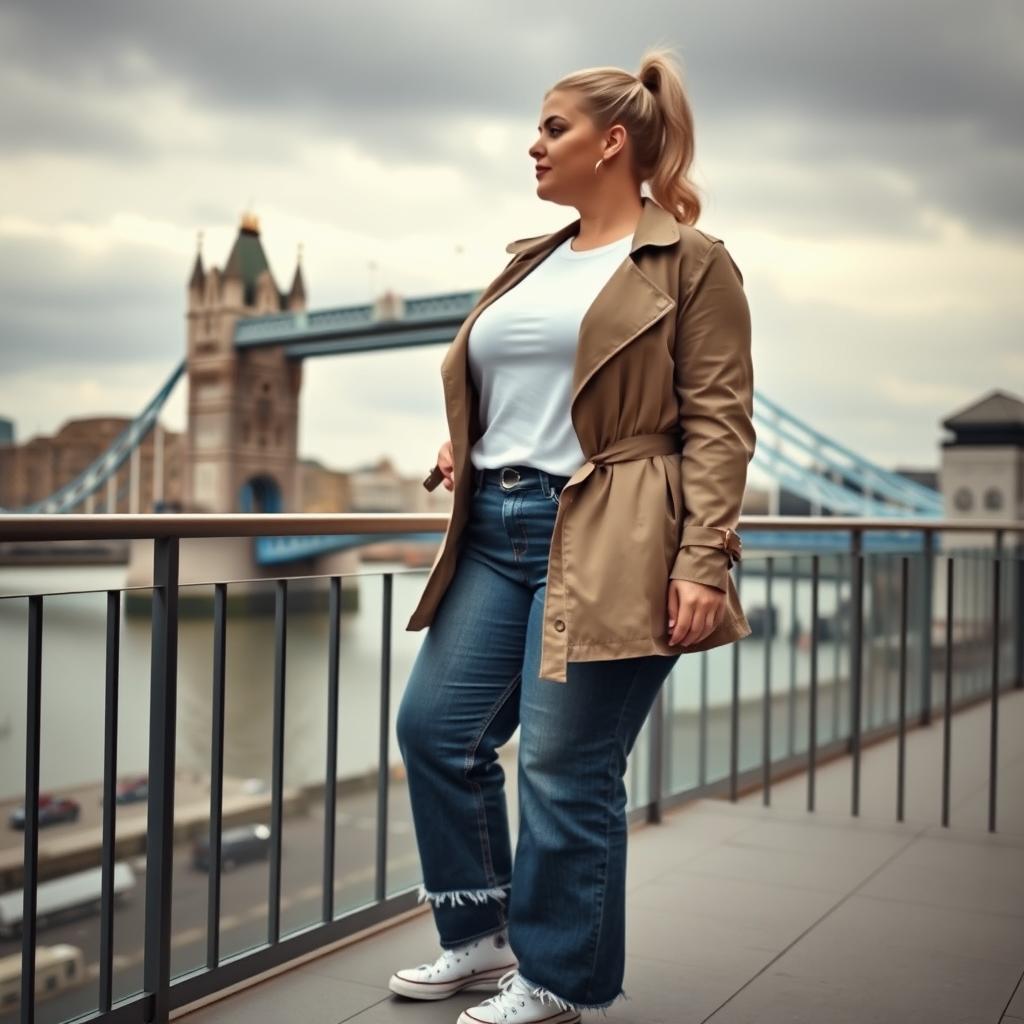 A curvy and chubby blonde 40-year-old woman with her hair in a ponytail, standing on a balcony overlooking the iconic Tower Bridge