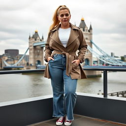 A curvy and chubby blonde 40-year-old woman with her hair in a ponytail, standing on a balcony overlooking the iconic Tower Bridge