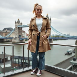 A curvy and chubby blonde 40-year-old woman with her hair in a ponytail, standing on a balcony overlooking the iconic Tower Bridge