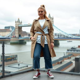 A curvy and chubby blonde 40-year-old woman with her hair in a ponytail, standing on a balcony overlooking the iconic Tower Bridge