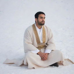 A 30-year-old man wearing Arabic clothing, including a white abaya and a beige dashdasha, sits cross-legged on a snow-covered ground. He is viewed from the right side.