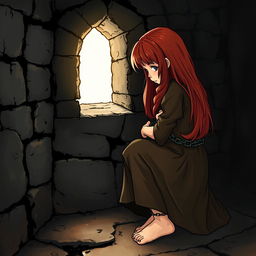 A sad girl chained by her ankles to the wall in a dark dungeon, gazing at a grate illuminated by light