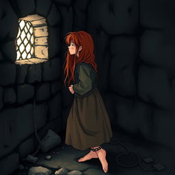 A sad girl chained by her ankles to the wall in a dark dungeon, gazing at a grate illuminated by light