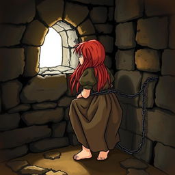 A sad girl chained by her ankles to the wall in a dark dungeon, gazing at a grate illuminated by light