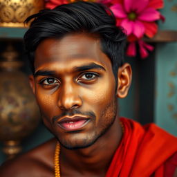 A portrait of a young Indian man with dark skin, captured with an emphasis on his natural beauty and cultural heritage