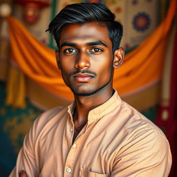 A portrait of a young Indian man with dark skin, captured with an emphasis on his natural beauty and cultural heritage