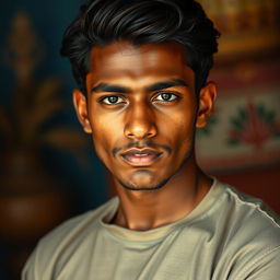 A portrait of a young Indian man with dark skin, captured with an emphasis on his natural beauty and cultural heritage