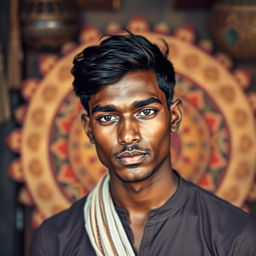 A portrait of a young Indian man with dark skin, captured with an emphasis on his natural beauty and cultural heritage