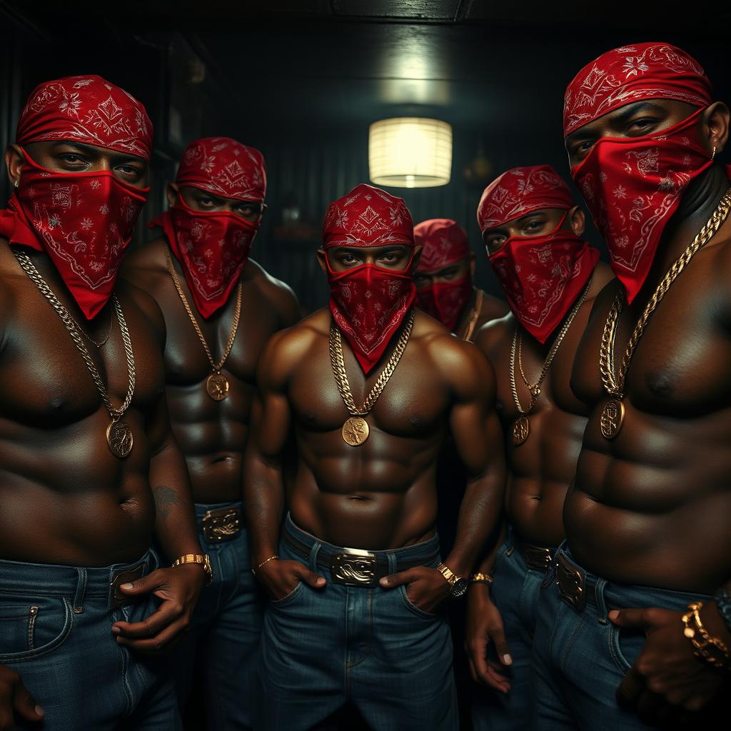 Close-up shot of a group of strong, muscular African American gang members