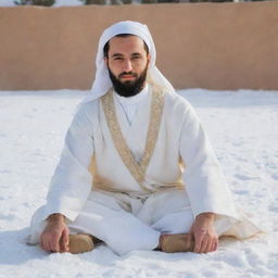 A 30-year-old man wearing Arabic clothing, including a white abaya and a beige dashdasha, sits cross-legged on a snow-covered ground. He is viewed from the right side.