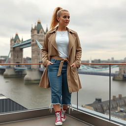 A curvy and chubby blonde 40-year-old woman with her hair styled in a ponytail, standing gracefully on a balcony with a panoramic view of the majestic Tower Bridge