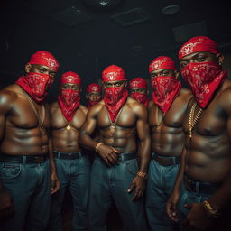 Close-up shot of a group of strong, muscular African American gang members