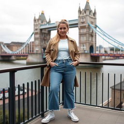 A curvy and chubby blonde 40-year-old woman with her hair styled in a ponytail, standing gracefully on a balcony with a panoramic view of the majestic Tower Bridge