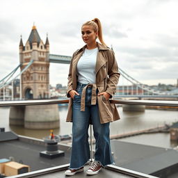 A curvy and chubby blonde 40-year-old woman with her hair styled in a ponytail, standing gracefully on a balcony with a panoramic view of the majestic Tower Bridge