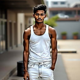 A young Indian man with dark skin, wearing a white tank top and jeans