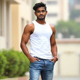 A young Indian man with dark skin, wearing a white tank top and jeans