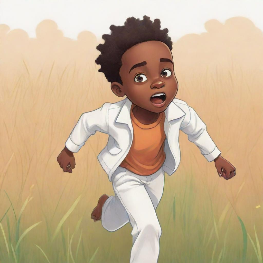 Design a 2D cartoon-style sketch, filled with color, of a small African boy with lighter skin tones. He's running scared through a field, dressed in white clothes. Emphasize his fear while maintaining a playful, non-realistic style.