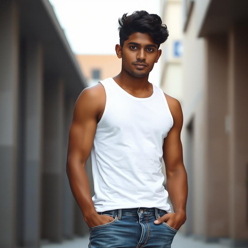 A young Indian man with dark skin, wearing a white tank top and jeans